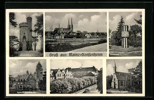 AK Mainz-Gonsenheim, Stadtpanorama mit der Kirche, das Ehrenmal, der Lennebergturm, Schloss Waldhausen, die Nothelfer-Ka
