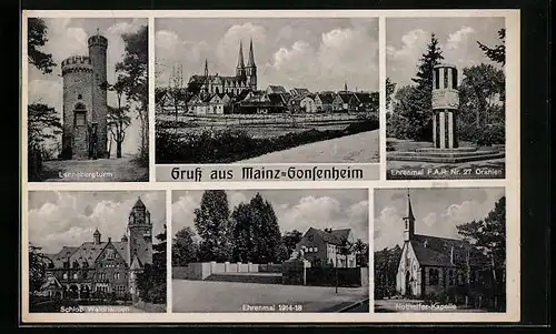 AK Mainz-Gonsenheim, Stadtpanorama, Ehrenmal, Lennebergturm, Schloss Waldhausen, Nothelfer Kapelle
