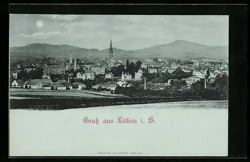 Mondschein-AK Löbau i. Sa., Generalansicht mit der Kirche