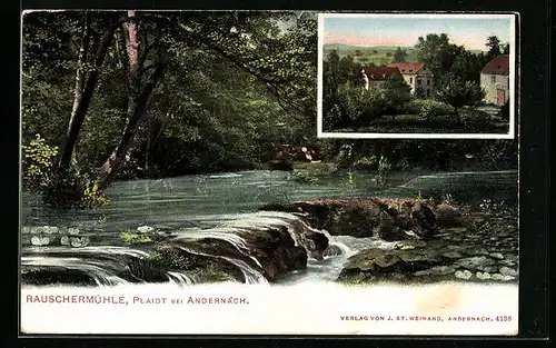 Lithographie Plaidt bei Andernach, Wasserschnelle an der Rauschermühle