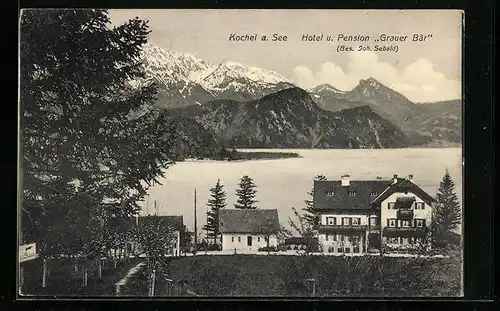 AK Kochel am See, Hotel und Pension Grauer Bär, Gebirgspanorama