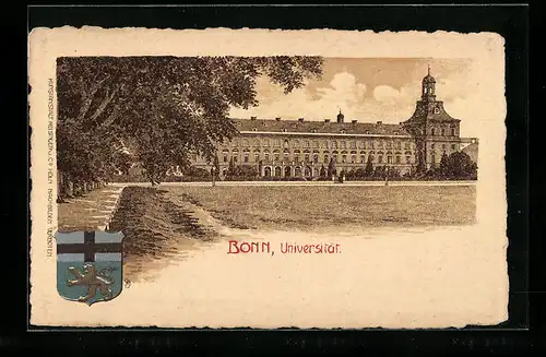 Lithographie Bonn, Partie an der Universität, das Wappen