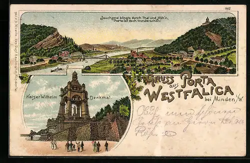 Lithographie Porta Westfalica bei Minden i. W., das Kaiser Wilhelm Denkmal mit Weserblick