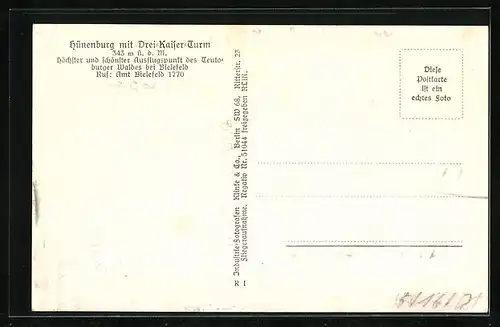 AK Bielefeld, Berg Gaststätte Hünenburg mit Drei-Kaiser-Turm im Teutoburger Wald