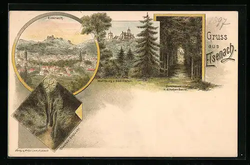 Lithographie Eisenach, Generalansicht der Stadt, Wartburg von Süd-Osten, Durchblick v. d. Hohen Sonne, Drachenschlucht