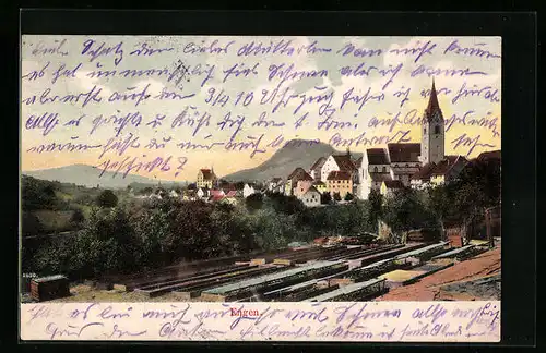 AK Engen i. Hegau, Gartenpartie mit Ortsansicht und Kirche