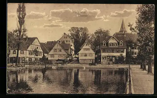 AK Welzheim, am Stadtsee, Blick zum Kirchturm