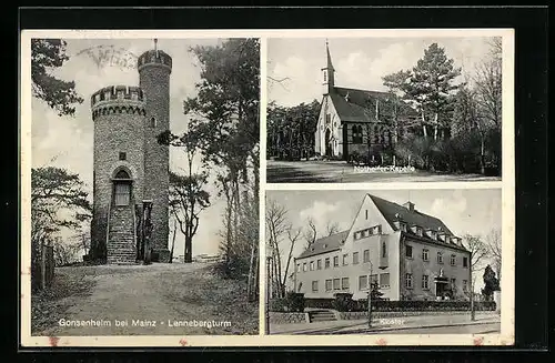 AK Gonsenheim bei Mainz, der Lennebergturm, die Nothelfer-Kapelle, vor dem Kloster