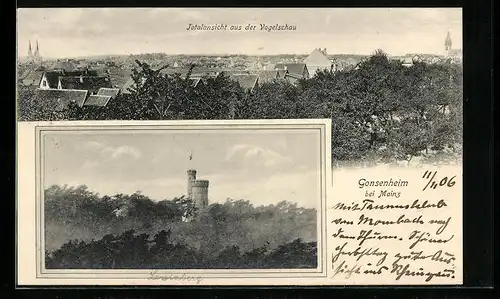 AK Gonsenheim bei Mainz, Totalansicht aus der Vogelschau, Blick zum Lennebergturm