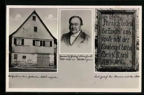 AK Möttlingen über Calw, Gedenktafel, Portrait des Pfarrers von 1838-1852 Hausansicht