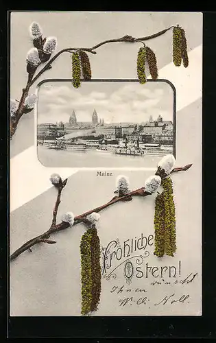 AK Mainz a. Rh., Blick auf das Rheinufer und zum Dom