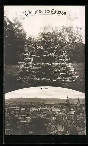 AK Mainz a. Rh., Blick auf den Dom und die Stadt, Weihnachtsgrüsse, Weihnachtsbaum