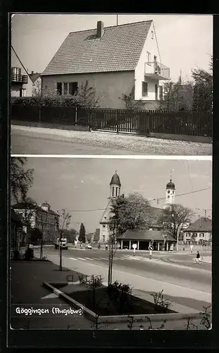 AK Göggingen bei Augsburg, Blick auf die Kirchen, an einem städtischen Wohnhaus