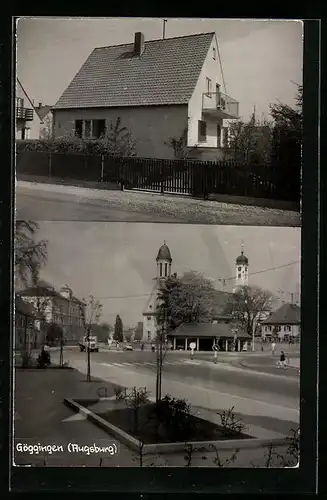 AK Göggingen bei Augsburg, auf der Strasse vor der Kirche städtisches Wohnhaus