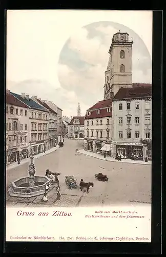 AK Zittau, Blick vom Markt nach der Bautznerstrasse und dem Johanneum