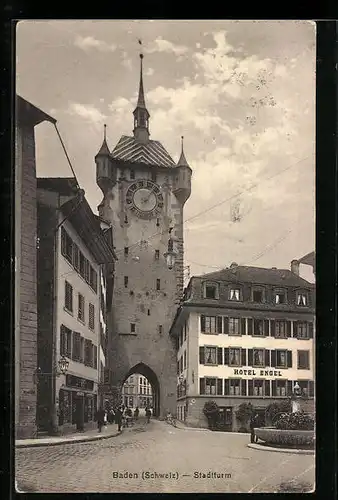 AK Baden, Brunnen und Hotel Engel am Stadtturm