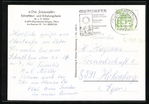 AK Oberstaufen /Allgäu, Schrothkur- und Erholungsheim Die Sonnenuhr, Bes. M. u. E. Müller