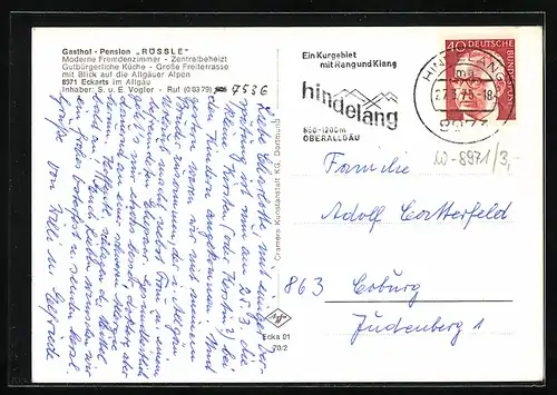 AK Eckarts /Allgäu, Gasthof-Pension Rössle, Inh. S. u. E. Vogler