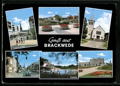 AK Brackwede, Treppenstrasse, Kath. Kirche, Hauptstrasse, Freibad, Stadtpark