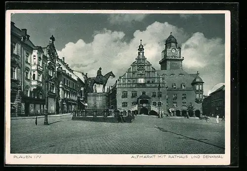 AK Plauen i. V., Altmarkt mit Rathaus und Denkmal