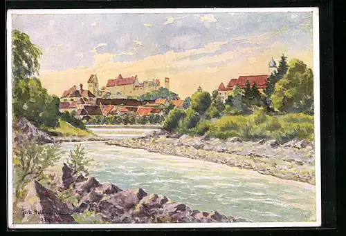 Künstler-AK Füssen, Ortsansicht mit Landwehr