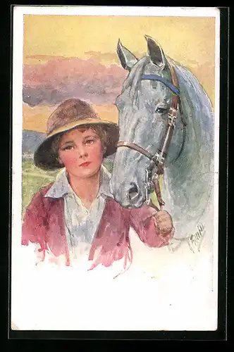 Künstler-AK Karl Feiertag: Mädchen mit Hut und Pferd