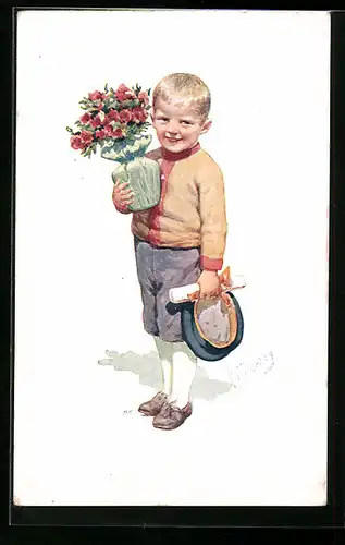 Künstler-AK Karl Feiertag: Kleiner Junge mit Blumen im Arm