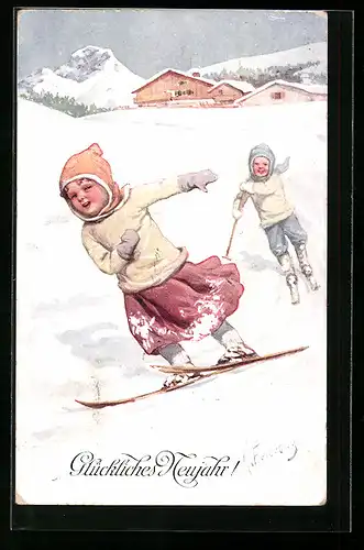 Künstler-AK Karl Feiertag: Zwei Kinder fahren Ski