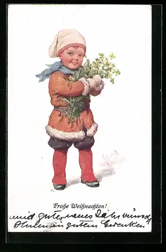 Künstler-AK Karl Feiertag: Mädchen mit Blumenstrauss, Weihnachtsgruss