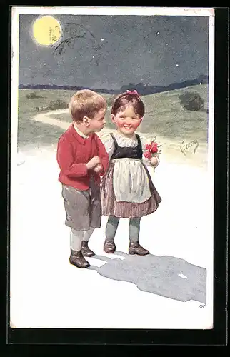 Künstler-AK Karl Feiertag: Junges Paar spaziert bei Vollmond