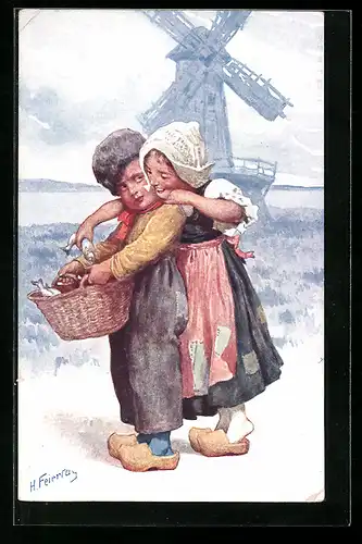Künstler-AK Karl Feiertag: Junges Paar in vertrauter Pose mit Windmühle
