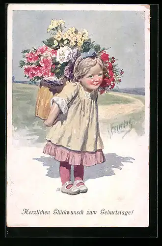 Künstler-AK Karl Feiertag: Niedliches Mädel mit buntem Blumenstrauss