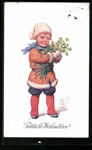 Künstler-AK Karl Feiertag: Junges Mädel mit Kleeblättern und Tannenzweig im Arm