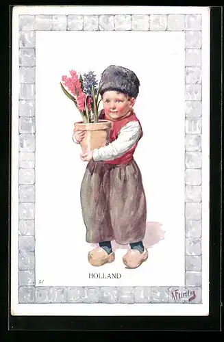 Künstler-AK Karl Feiertag: Junger Holländer mit Blumen im Arm