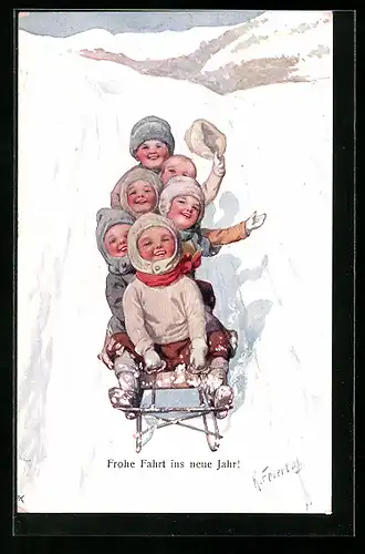 Künstler-AK Karl Feiertag: Sechs Kinder fahren auf einem Schlitten, Neujahrsgruss