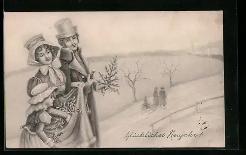 Künstler-AK V.K., Vienne Nr. 5003 /a: Familie spaziert im Schnee