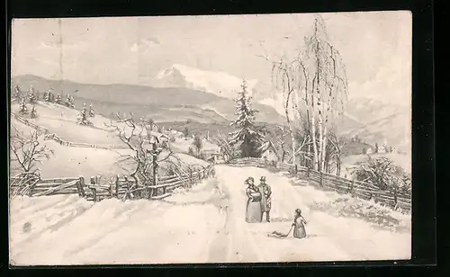 Künstler-AK V.K., Vienne Nr. 5422: Familie spaziert im Winter, Ortspartie mit Bergen