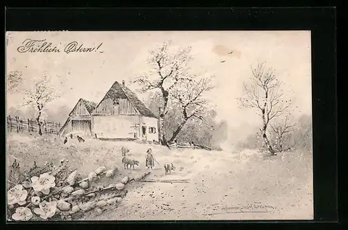 Künstler-AK V.K., Vienne Nr. 4205: Mädchen mit Schäfchen beim Bauernhaus
