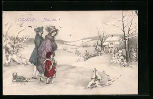 Künstler-AK V.K., Vienne Nr. 5351: Familie spaziert im Schnee