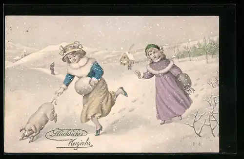 Künstler-AK V.K., Vienne Nr. 5357: Zwei Schwestern im Schnee mit einem Ferkel