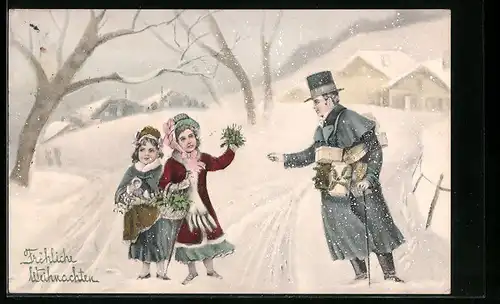Künstler-AK V.K., Vienne Nr. 5205: Vater mit Kindern mit Geschenken, Weihnachtsgruss