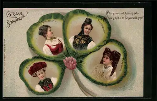 AK Schwarzwald, Mädchen in Schwarzwälder Tracht, Kleeblatt