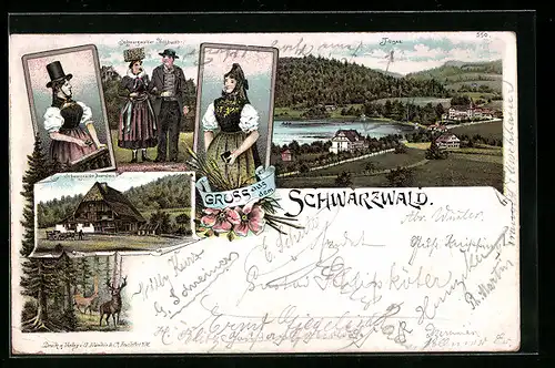Lithographie Schwarzwald, Schwarzwälder Bauernhaus, Menschen in Schwarzwälder Tracht