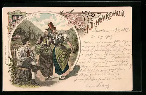 Lithographie Schwarzwald, Mann und zwei Frauen in Schwarzwälder Tracht