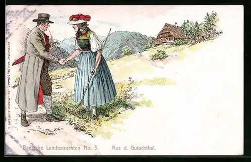Künstler-AK Gutachthal, Paar in Schwarzwälder Tracht