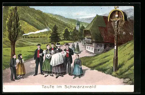 Präge-Künstler-AK Schwarzwald, Taufe, Menschen in Schwarzwälder Tracht