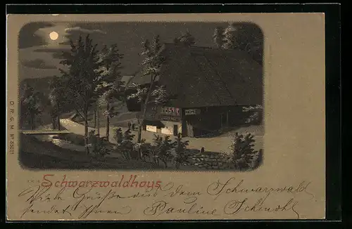 Lithographie Schwarzwaldhaus bei Vollmond