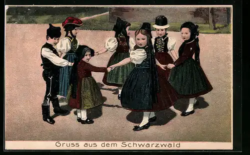 Künstler-Präge-AK Schwarzwald, Kinder in Schwarzwälder Tracht tanzen im Kreis