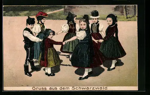 Künstler-Präge-AK Schwarzwald, Tanzende Kinder in Schwarzwälder Tracht