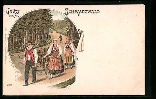 Lithographie Schwarzwald, Familie in Schwarzwälder Tracht holt Holz
